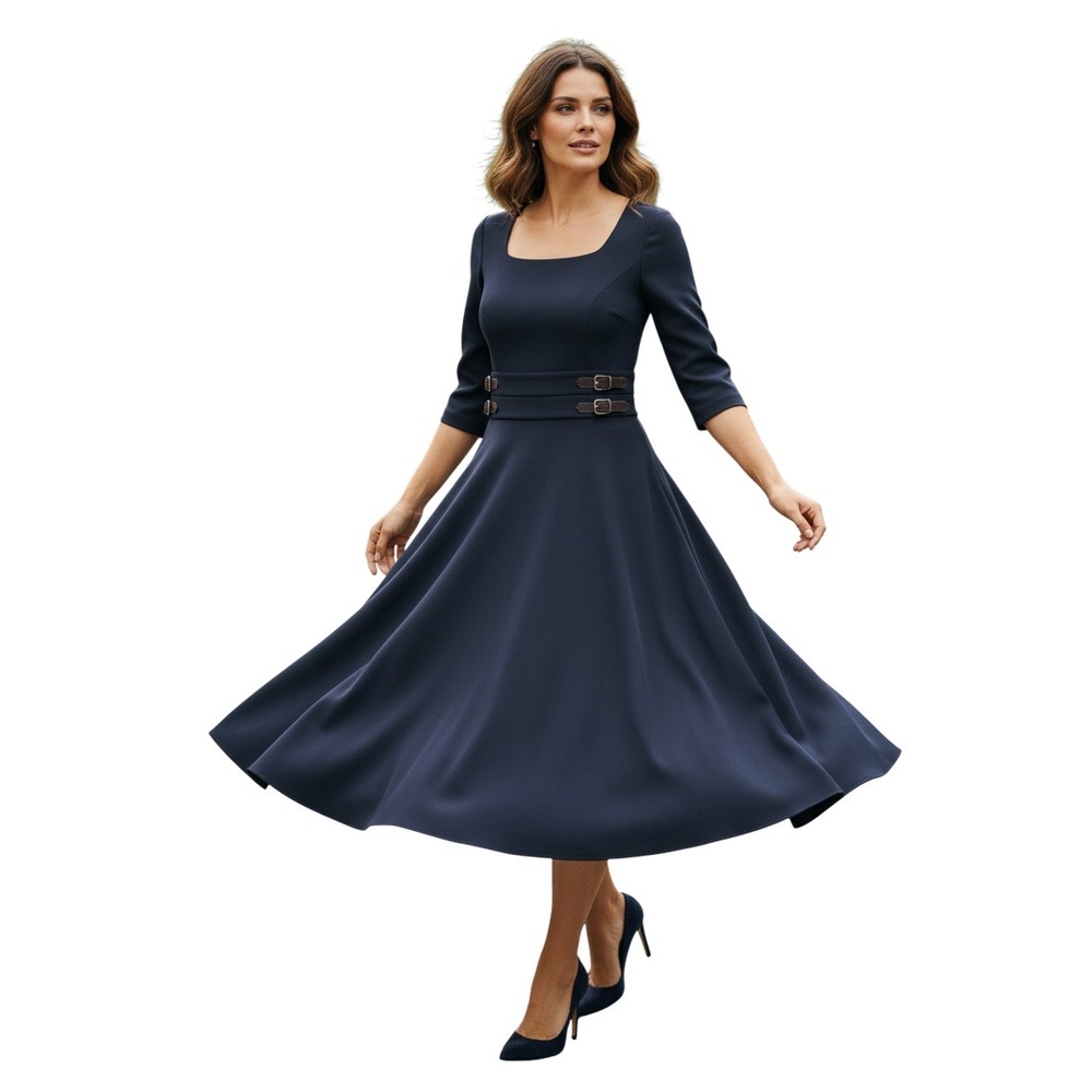NWT Ann Taylor Navy Blue Fit Flare Dress 10 Large $148 Buckle Waist 3/4 Sleeve